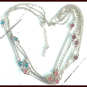 Long Silver Chain Necklace Set With Crystals